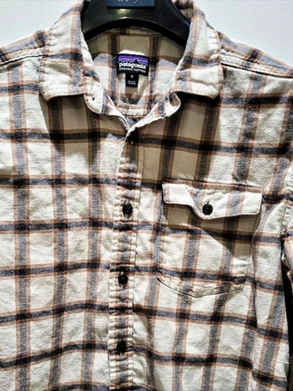 Patagonia Organic Cotton Plaid Flannel Shirt Beige & Blue Medium